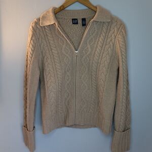 GAP Sweater 1990s-2000s Womens M Beige Long Sleeve Full Zip Lambswool